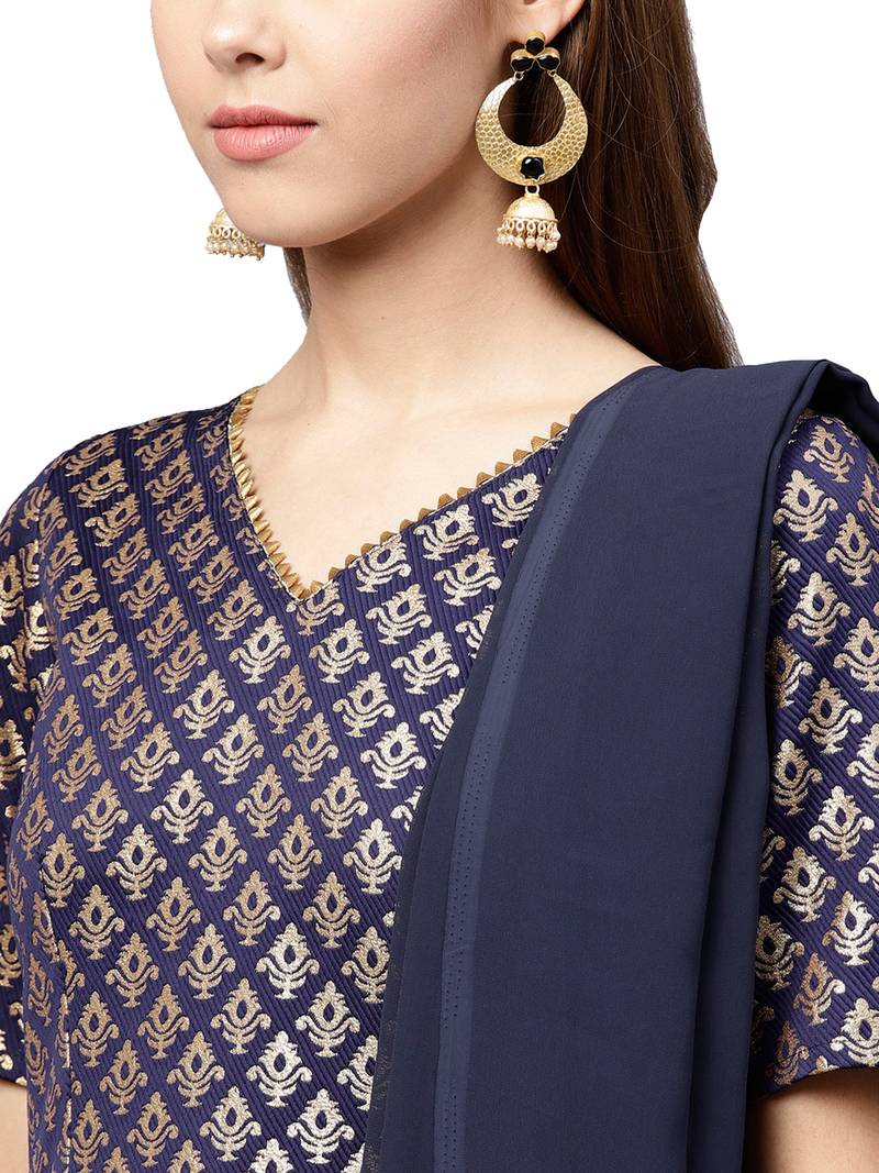 Navy Blue Georgette Woven Anarkali Suit Set