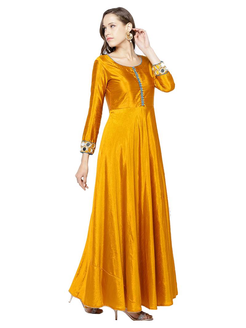 Mustard Art Silk Embroidered Anarkali Suit Set