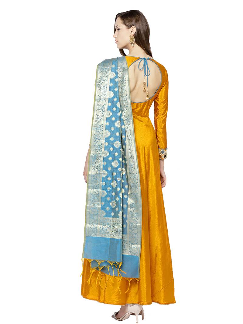 Mustard Art Silk Embroidered Anarkali Suit Set
