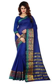 Blue plain cotton silk saree with blouse