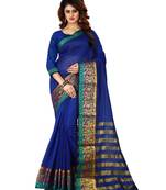 Blue plain cotton silk saree with blouse