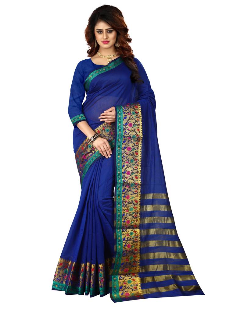 Blue plain cotton silk saree with blouse