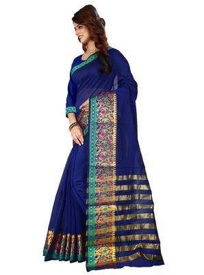 Blue plain cotton silk blend saree with blouse 2