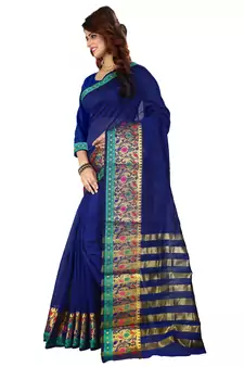Blue plain cotton silk saree with blouse