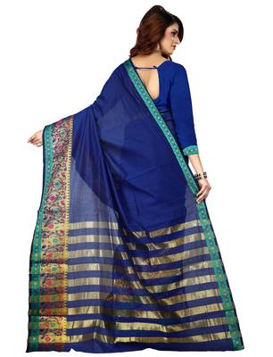 Blue plain cotton silk blend saree with blouse 3