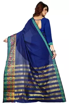 Blue plain cotton silk saree with blouse