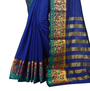 Blue plain cotton silk blend saree with blouse 4
