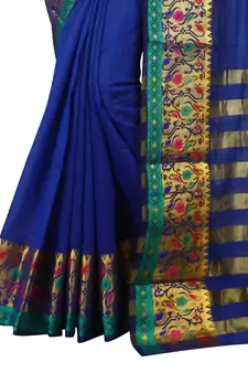 Blue plain cotton silk saree with blouse
