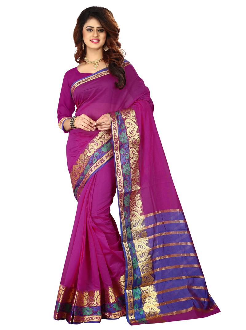 Pink plain cotton silk saree with blouse