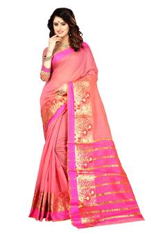 Light pink plain cotton silk saree with blouse