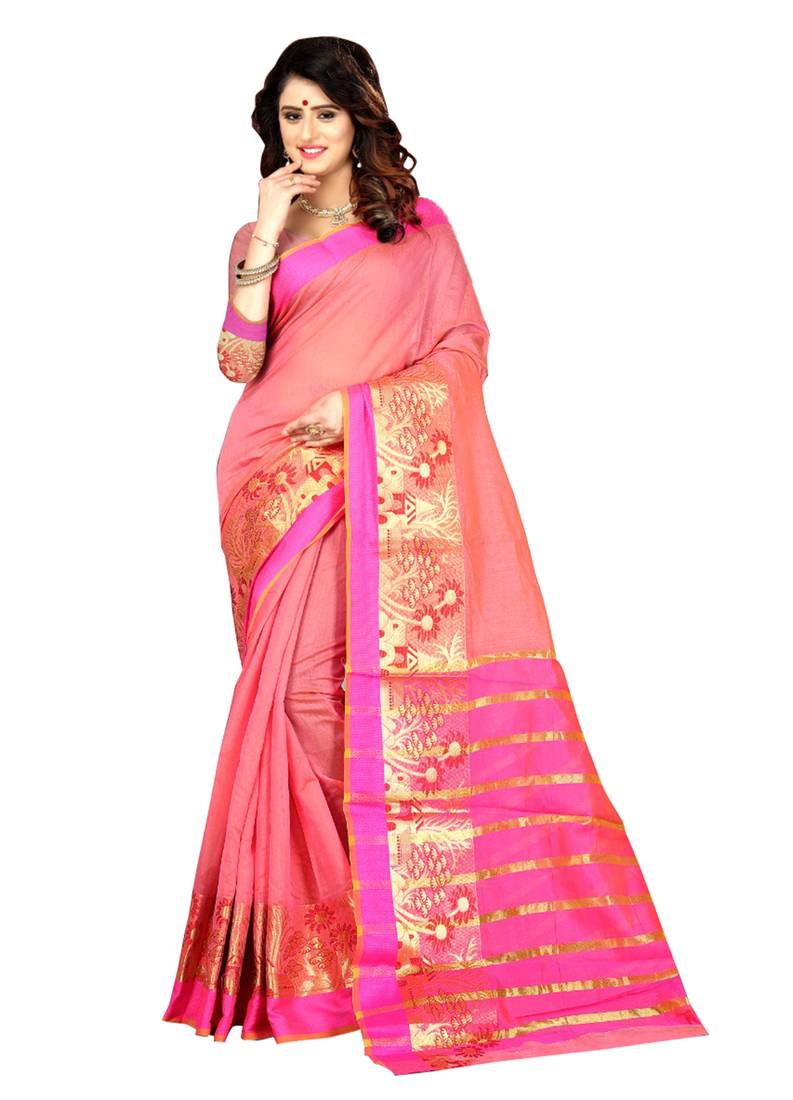 Light pink plain cotton silk saree with blouse