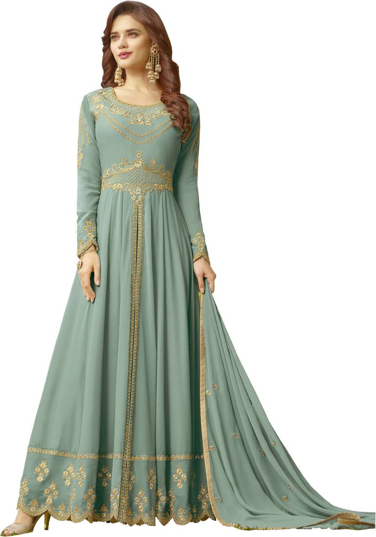 Sky-blue embroidered faux georgette salwar - YOYO Fashion - 2910737