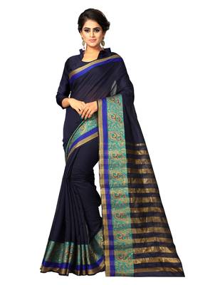 Navy blue plain cotton silk blend saree with blouse 1