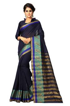 Navy blue plain cotton silk saree with blouse