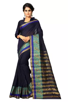 Navy blue plain cotton silk saree with blouse