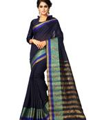 Navy blue plain cotton silk saree with blouse