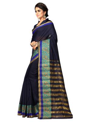 Navy blue plain cotton silk blend saree with blouse 2