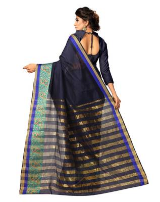 Navy blue plain cotton silk blend saree with blouse 3