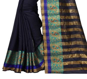 Navy blue plain cotton silk blend saree with blouse 4