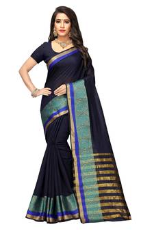 Black plain cotton silk saree with blouse