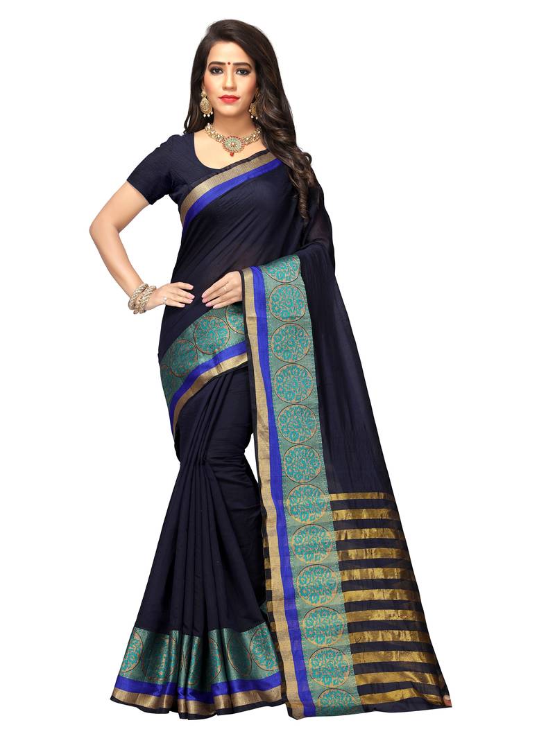 Black plain cotton silk saree with blouse