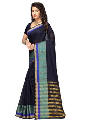 Black plain cotton silk blend saree with blouse 2