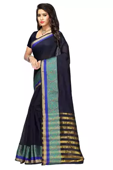 Black plain cotton silk blend saree with blouse