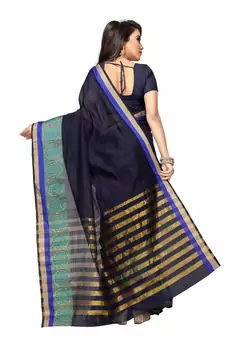 Black plain cotton silk blend saree with blouse