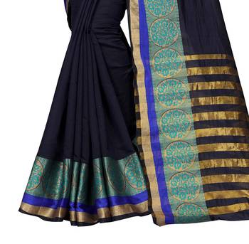 Black plain cotton silk blend saree with blouse 4