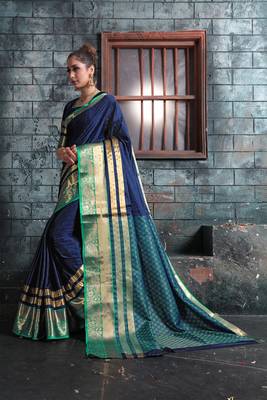 Navy blue woven art silk saree with blouse 3