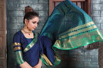 Navy blue woven art silk saree with blouse 4
