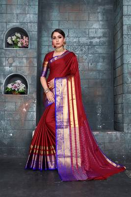 Red woven art silk saree with blouse 1