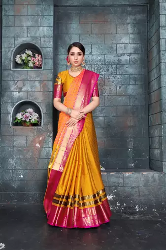 Yellow woven art silk saree with blouse