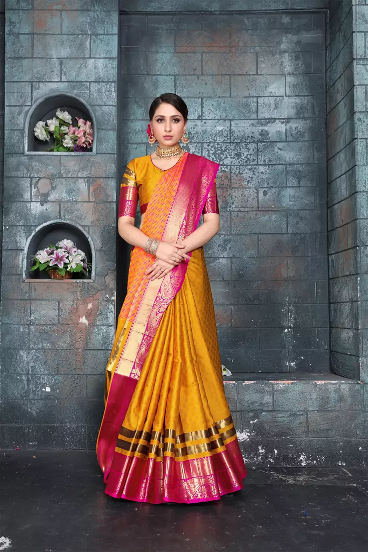 Yellow woven art silk saree with blouse