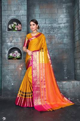 Yellow woven art silk saree with blouse 3