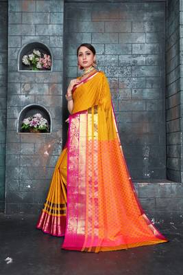 Yellow woven art silk saree with blouse 4