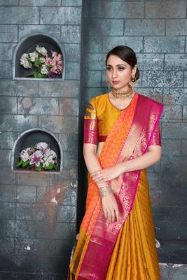 Yellow woven art silk saree with blouse 5