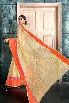 Beige woven manipuri art silk saree with blouse 3