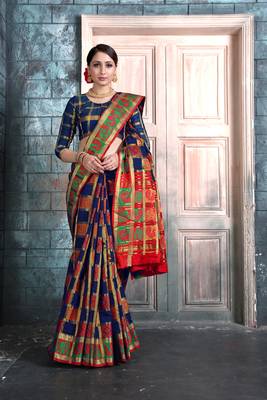 Navy blue woven banarasi cotton saree with blouse 1