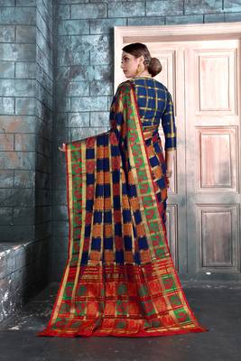 Navy blue woven banarasi cotton saree with blouse 2