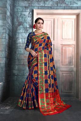 Navy blue woven banarasi cotton saree with blouse 3