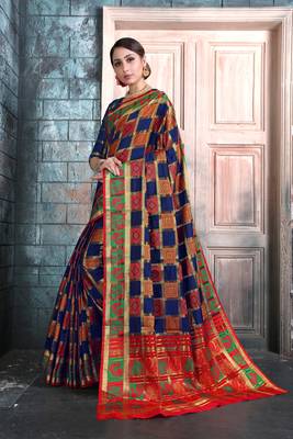 Navy blue woven banarasi cotton saree with blouse 4
