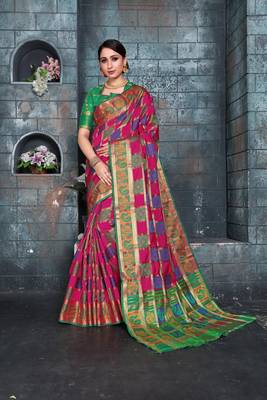 Pink woven banarasi cotton saree with blouse 1