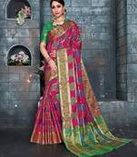 Pink woven banarasi cotton saree with blouse