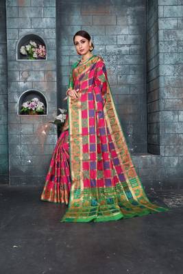 Pink woven banarasi cotton saree with blouse 3