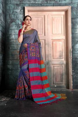 Blue embroidered georgette saree with blouse 1