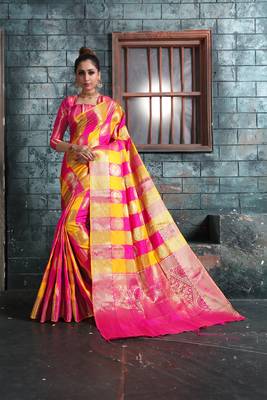 Yellow woven banarasi saree with blouse 1