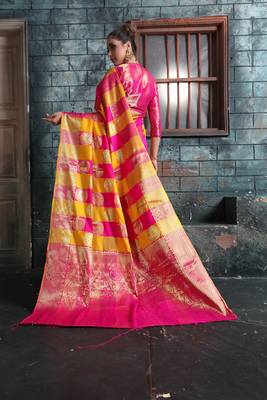 Yellow woven banarasi saree with blouse 2