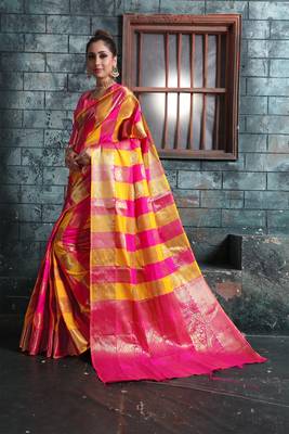 Yellow woven banarasi saree with blouse 3