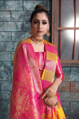 Yellow woven banarasi saree with blouse 4